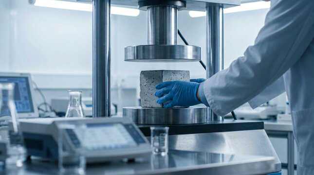 Concrete compression strength testing | Civil engineering structural material analysis | Quality control technician testing building materials | Hydraulic press machine for concrete cube test