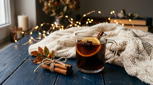 Glass mug of warm mulled wine with cinnamon sticks and dried orange slice