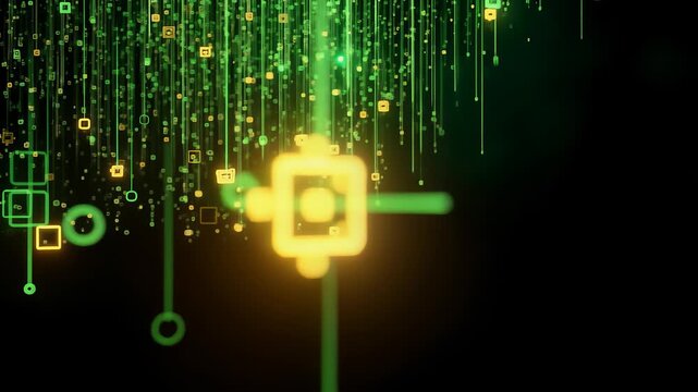 Abstract digital data stream with falling green and yellow light particles, glowing lines, and geometric shapes on black background. Cyber security, big data, technology connectivity.