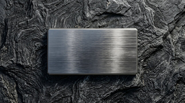 Brushed titanium metal slab on dark slate rock | Industrial steel plate on natural stone background | Minimalist mockup background with metal and slate | Modern textured metallic plaque on charcoal 
