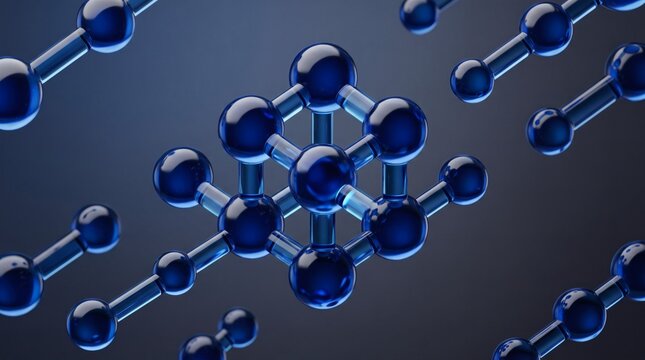 Molecular structure concept, glossy blue spheres connect through slender rods across a dark field. Bright highlights trace clustered circular forms and the links extending beyond the frame.