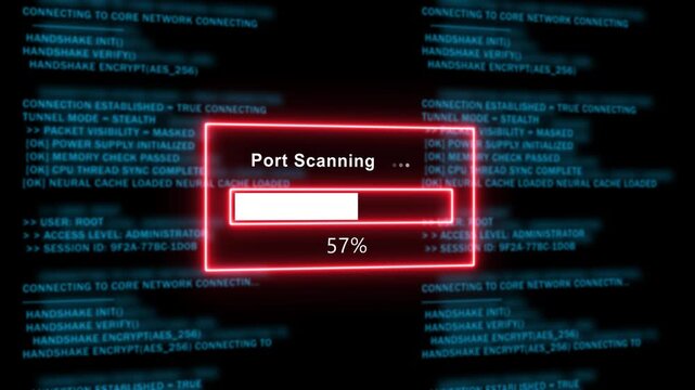 Cyber security port scanning progress bar with network data stream background, data breach hacking
