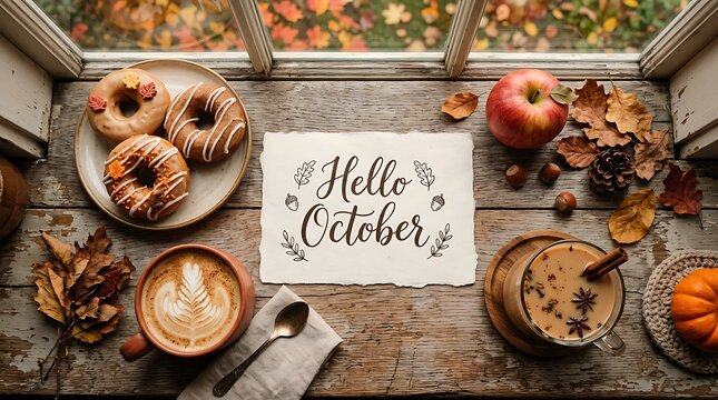 Hello october written on paper with coffee donuts and fall decorations