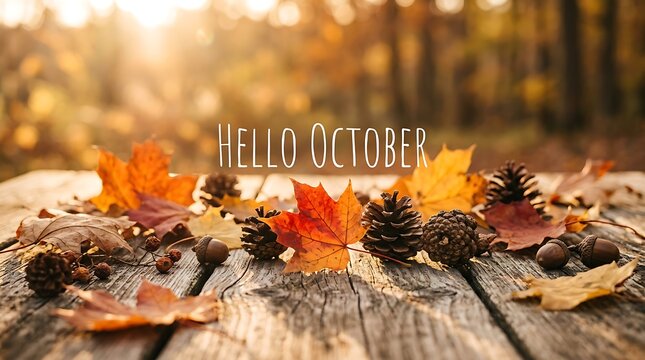 Hello october sign with colorful fall leaves and pinecones on a wooden table