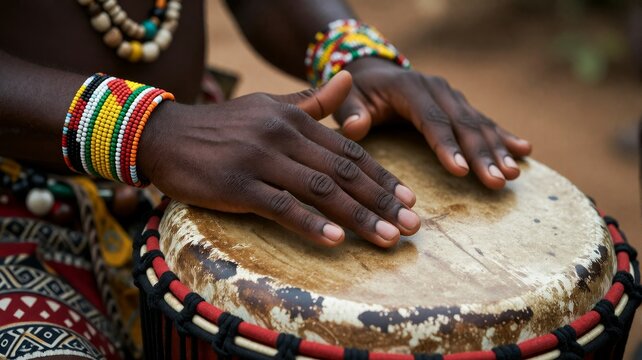 Hands drumming on a handmade drum with colorful beadwork