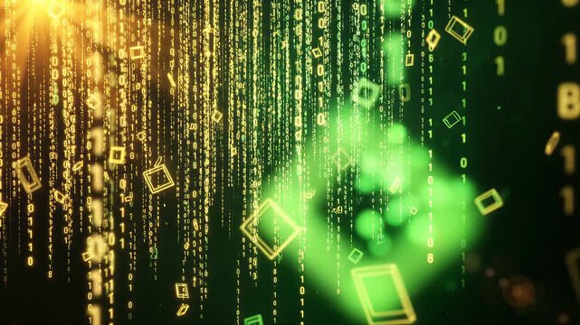 Abstract digital data stream with falling binary code, glowing green and yellow numbers, floating geometric shapes, motion blur. Cybersecurity, big data, artificial intelligence