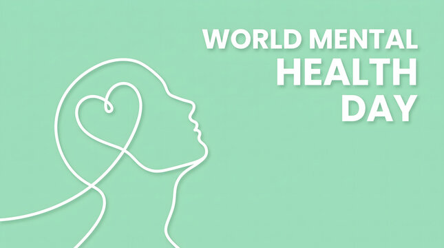 A minimalist world mental health day image featuring a continuous line art human head profile with a heart shape inside it