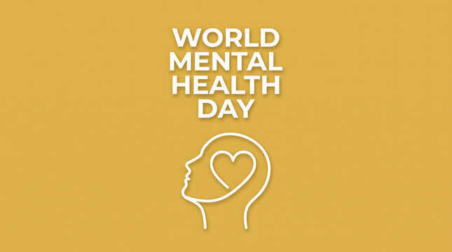 A professional world mental health day image featuring a minimalist human head outline with a heart symbol on a soft yellow background