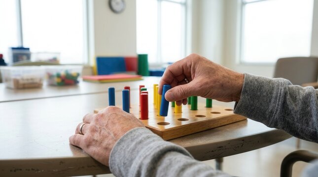 Close-up of elderly person's hands engaged in a cognitive therapy game, focusing on fine motor skills and mental stimulation.