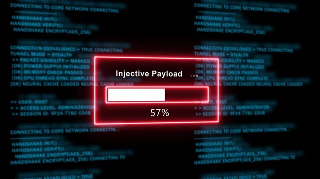 Cyber security injective payload loading screen with digital network code background, hacking data breach