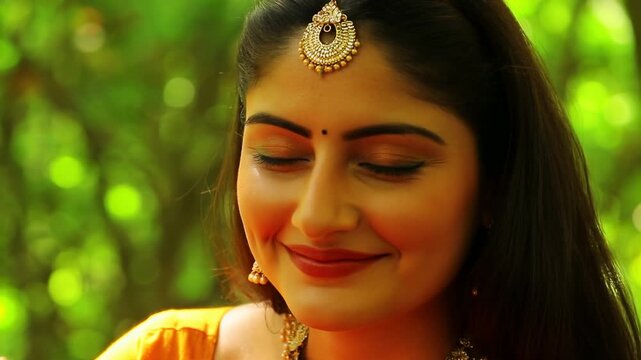 Smiling woman keeps her gaze lowered in close-up portrait, wearing ornate forehead jewelry, small bindi and bright orange clothing against softly blurred sunlit green foliage