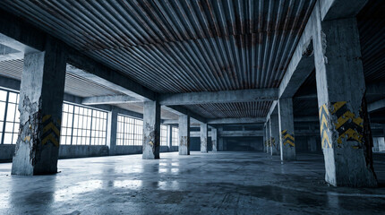 Obraz premium Abandoned brutalist parking garage interior | Gritty industrial concrete warehouse space | Urban decay architectural stock photo | Post-apocalyptic underground parking lot