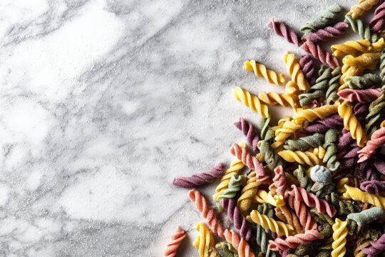 Tri-Color Fusilli Pasta Delight: A vibrant scattering of tri-color fusilli pasta, showcasing red, yellow, and green spirals, arranged artfully on a marble surface.