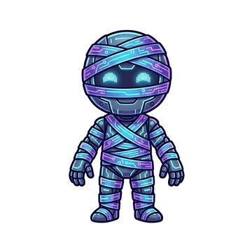 Neon mummy character with glowing circuitry vector illustration on transparent background