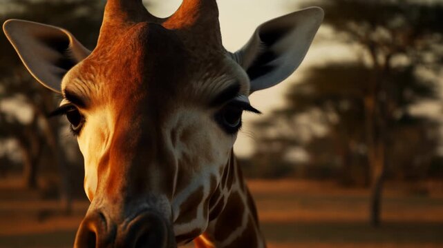 Giraffe subtly shifts its head while facing camera in extreme close view, framed by wide ears and patterned neck as warm low sunlight glows across blurred open woodland behind