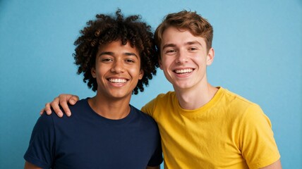 Obraz premium Smiling Young Multiethnic Men Embracing Against a Blue Background