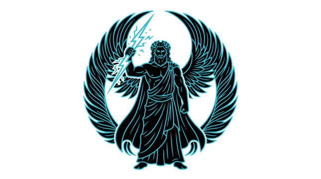 Mighty Greek god Zeus holding a glowing lightning bolt with large wings standing in power.