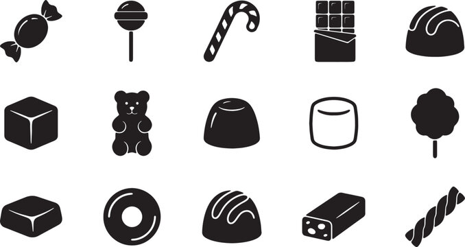 Set of sweet food icons featuring various candies and chocolates silhouettes