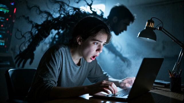Teenager terrified by digital malware and dark entity while using laptop