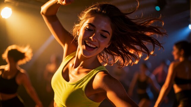 Woman dancing with joy in colorful club lighting