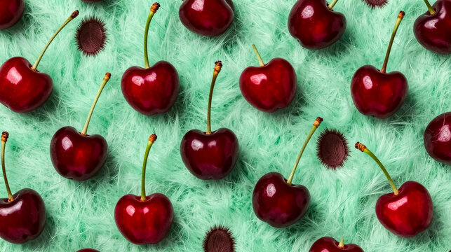 Fresh red cherries on mint green faux fur background, vibrant summer fruit pattern, creative food photography for lifestyle blogs