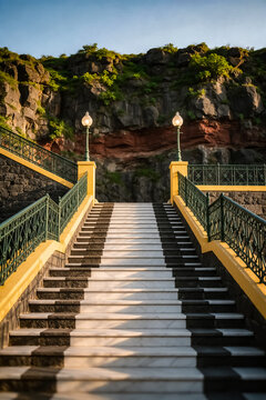 Elegant outdoor stone staircase with piano key pattern, luxury garden steps with vintage lamps, scenic park walkway against rocky cliff