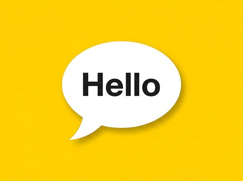 White speech bubble with hello text on a solid yellow background