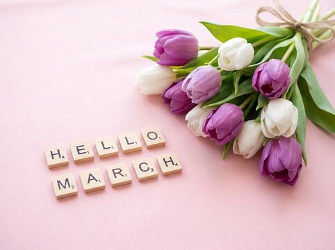 Hello march text spelled with wooden letter tiles next to a bouquet of tulips