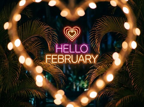 Hello february neon sign glowing within a heart shaped frame of warm fairy