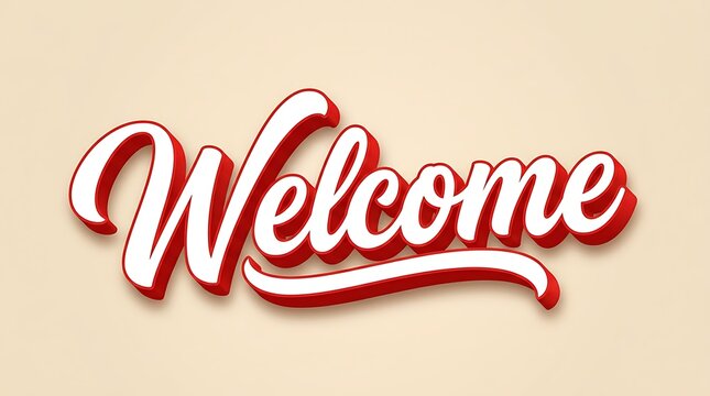 Welcome sign with 3D bold white and red typography on a beige background