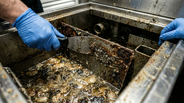 Commercial kitchen grease trap cleaning service|Maintenance worker scraping grease trap baffles|Professional restaurant plumbing maintenance|Removing fat and oil buildup from interceptor
