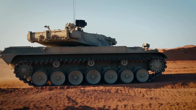 Armored tracked vehicle drives toward frame right across sunlit desert sand while its turret gradually turns, changing the cannon from long side profile to nearly hidden