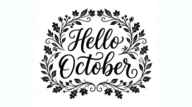 Hello october calligraphy lettering decorated with autumn leaves frame