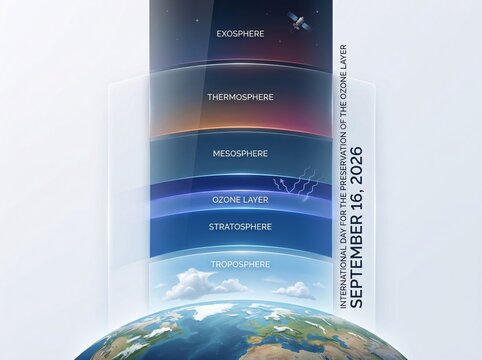 Diagram showing layers of earth atmosphere including ozone layer and planet surface