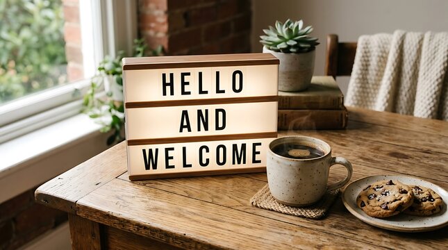 Light box with hello and welcome message on a rustic wooden table