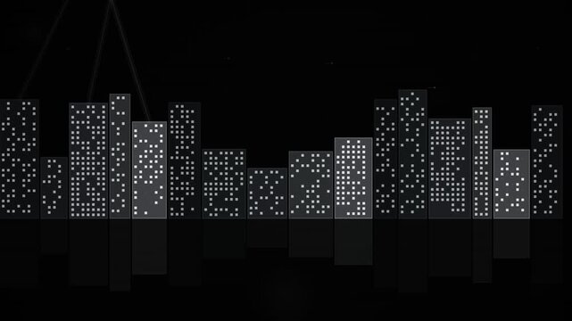 Abstract digital audio equalizer display with illuminated vertical bars forming a mirrored waveform pattern against a dark background.
