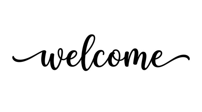Welcome word in elegant black calligraphy script lettering on white background
