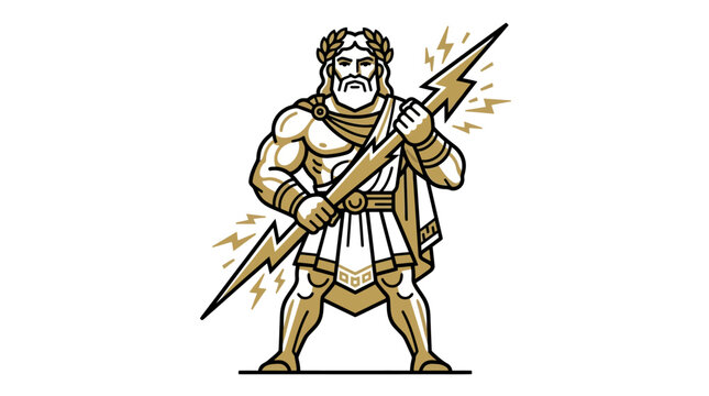 powerful greek god zeus holding glowing lightning bolt vector illustration character mascot art.