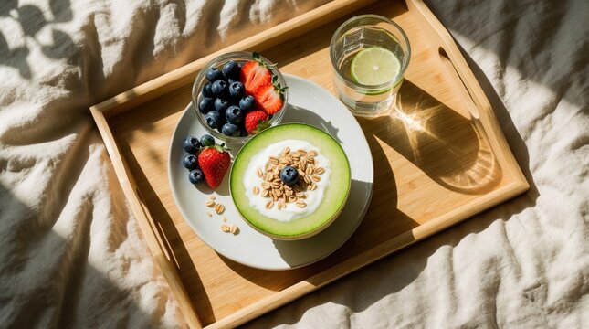 Healthy breakfast with yogurt, fruit, and granola served on a wooden tray in bed. Morning sunlight streams across the clean linen sheets creating a peaceful wellness vibe.