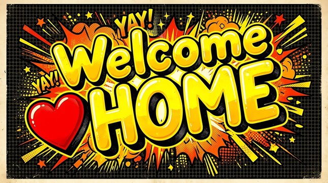 Welcome home colorful comic book style design with red heart and explosive