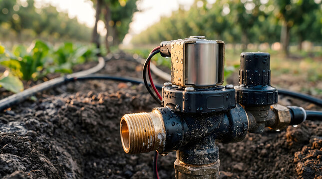 Solenoid valve regulates an automated drip irrigation pipeline within an agricultural orchard.