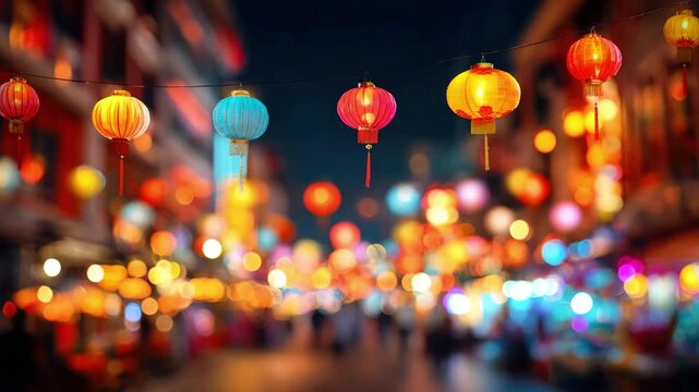 A street decorated with colorful glowing paper lanterns in the evening city. Concept of festival, tourism, festive events