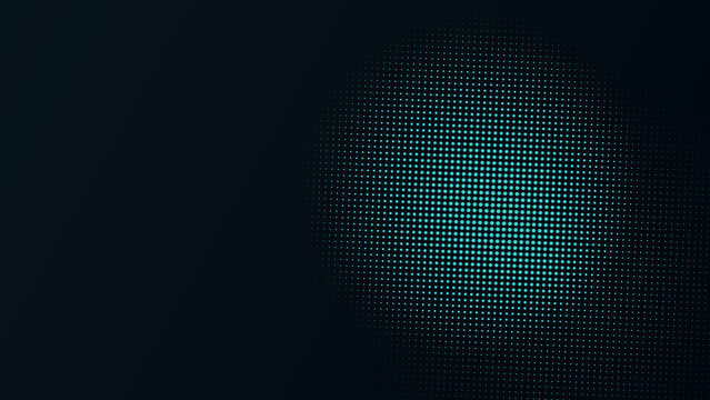 Dark blue and cyan halftone pattern with a glowing circular spotlight, abstract dotted background, radial gradient texture, light effect