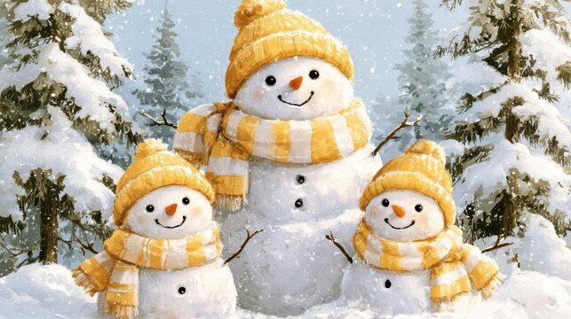 Watercolors illustration of three cheerful snowmen positioned in a snowy forest setting, the background features tall pine trees covered in thick snow under a light blue sky with falling snowflakes