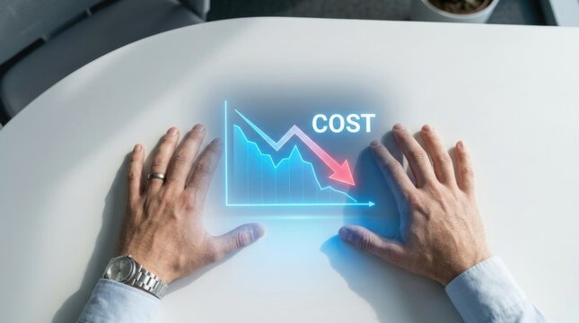 Businessman hand touching digital hologram displaying cost reduction graph, corporate budget optimization, economic expense decrease, modern technology interface, financial planning management.