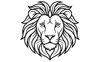 Obraz premium Black and white line art illustration of a majestic lion head facing forward isolated on white background