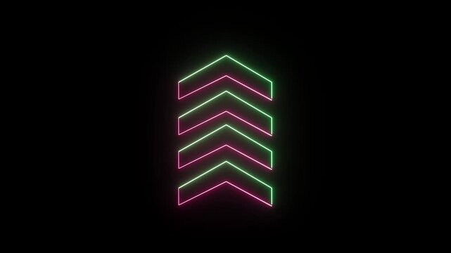 Glowing neon chevron arrows pointing upward with a green to pink color gradient on a dark black background. Represents swipe up, speed, upload, and boost concepts in high quality 4K video.