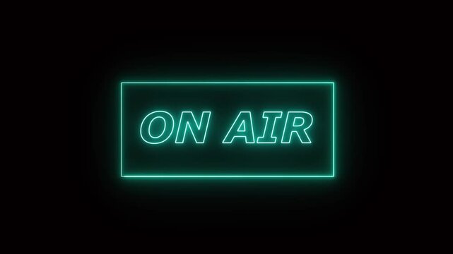 Turquoise cyan neon glowing sign with text ON AIR inside a rectangular border on a dark black background. Perfect for live streaming, broadcasting, studio recording, and podcasting concepts in high qu