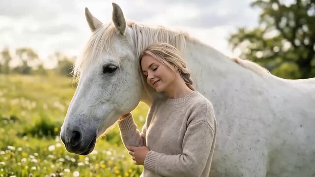 Blonde woman affectionately petting her majestic white horse in a beautiful sunlit meadow during this serene and gentle motion video