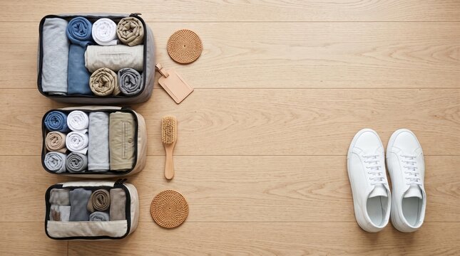 Organized travel packing cubes with neatly rolled clothes, wooden brush, and white sneakers on a wooden floor in a minimalist setting